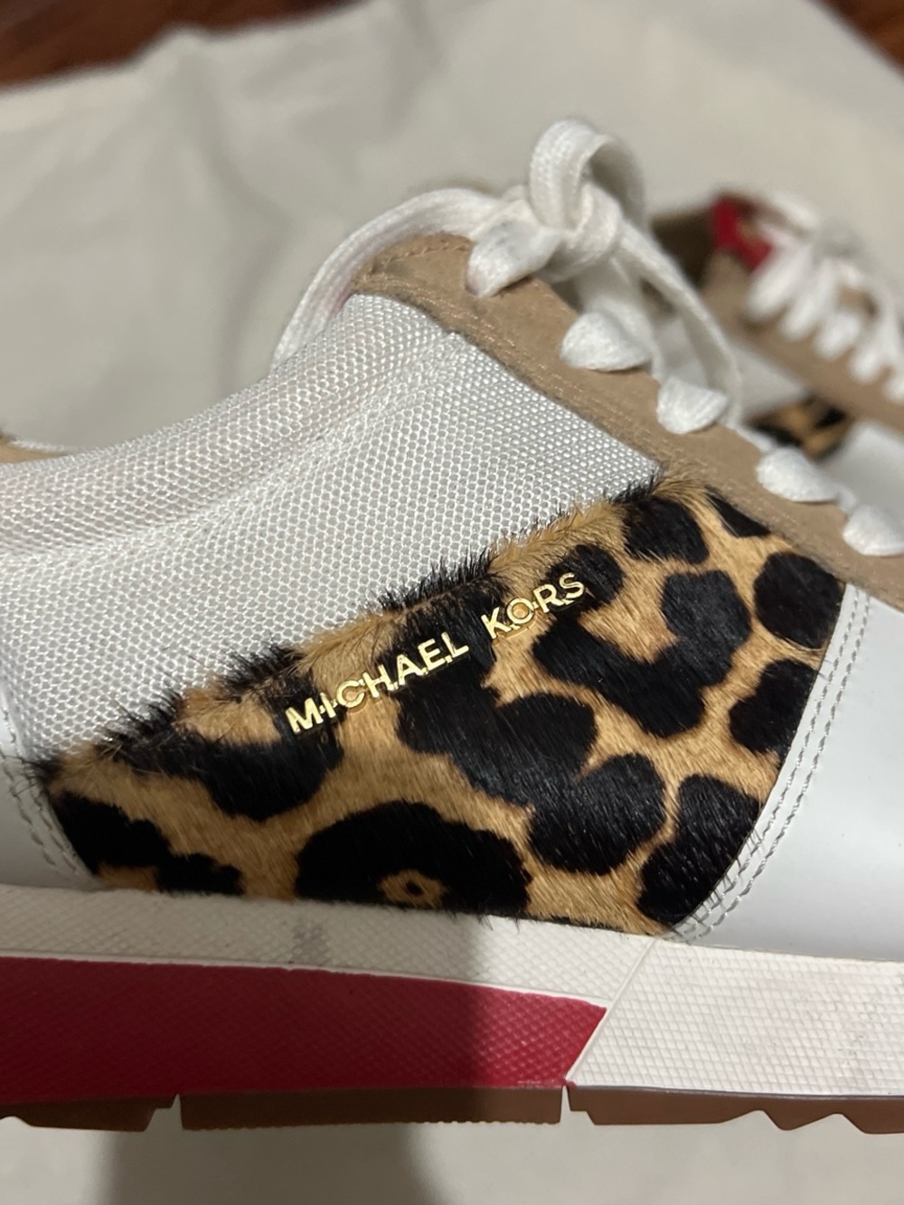 Michael Kors White Tan Leopard Print Sneakers with Gold Logo